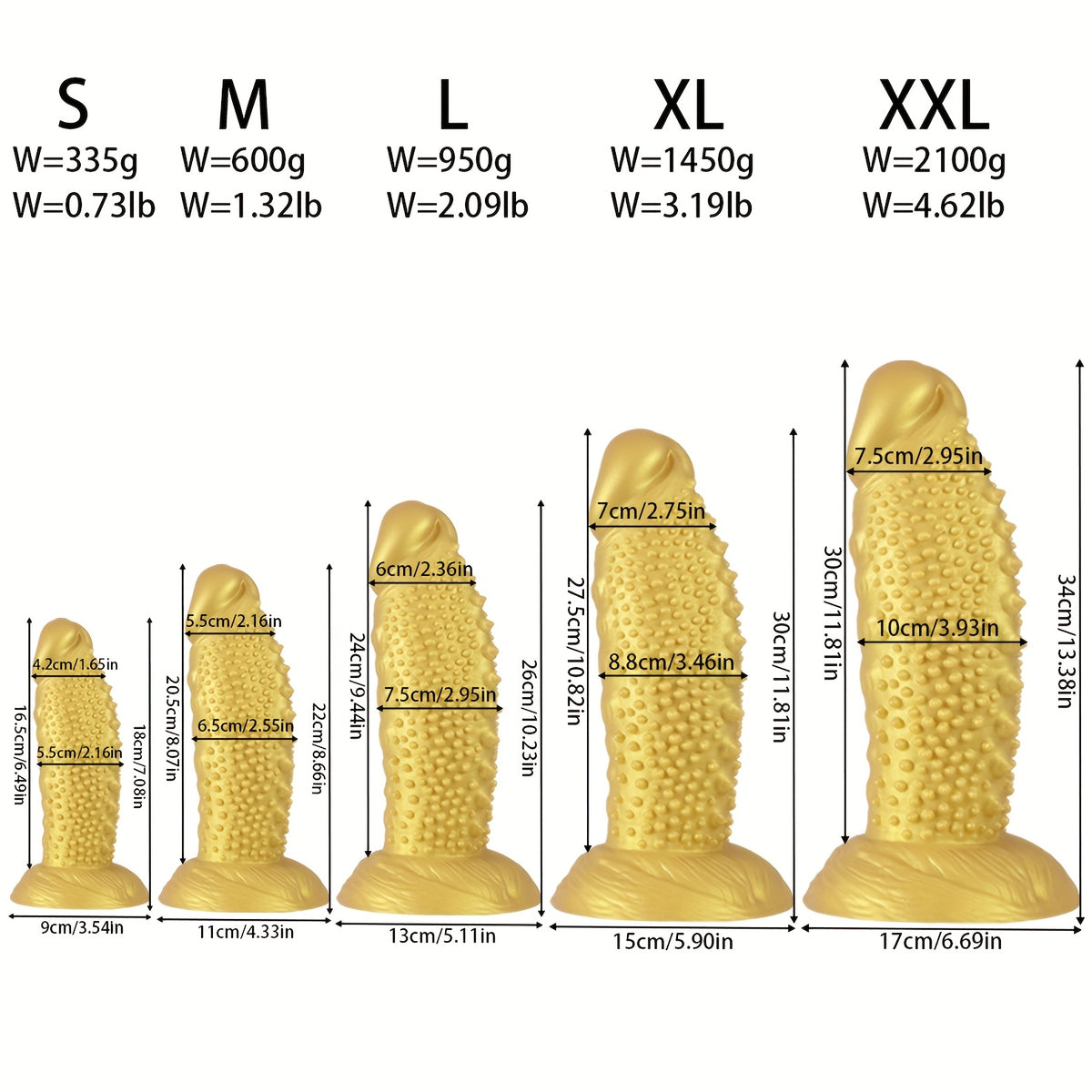 Golden Spiky Texture Dildo — 5 Sizes Anal and Vaginal