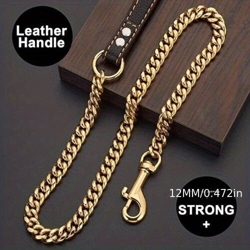 Durable Stainless Steel Dog Leash, 12MM Cuban Link Chain with Comfort Leather Handle, 3/4/5ft, No Battery Required, Suitable for All Dogs
